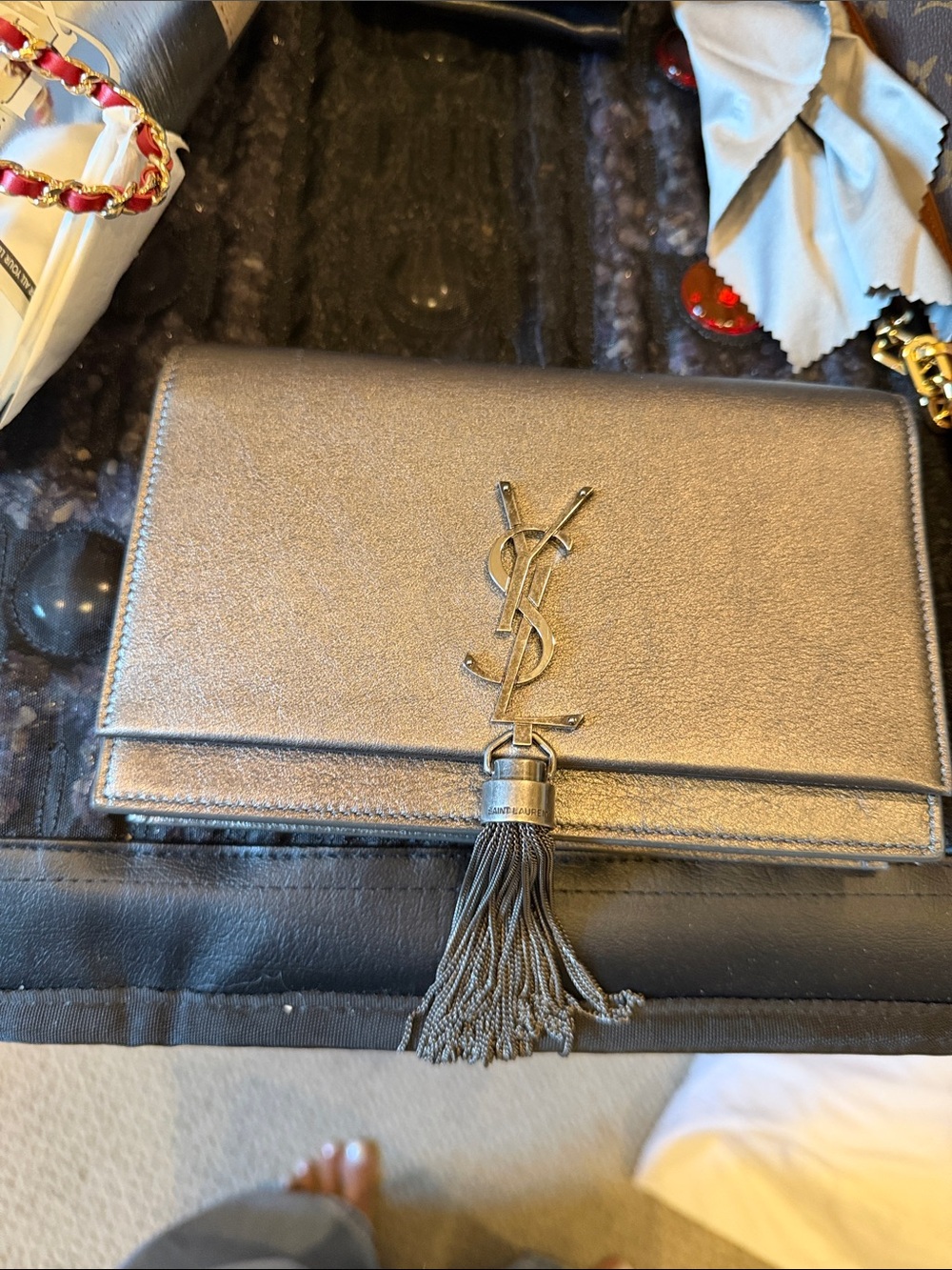 Saint Laurent Metallic Silver Tassel Monogram Clutch